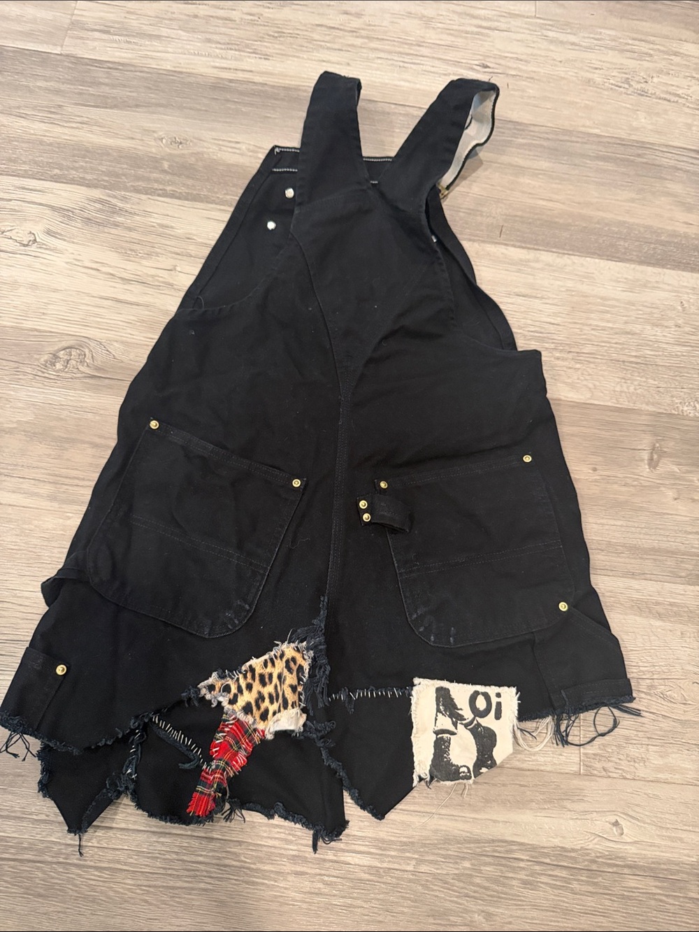 Carhartt Black Short Denim Overalls with Plaid & Leopard Patchwork - Picture 6 of 6